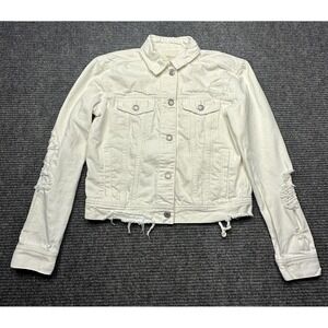American Eagle Outfitters Jacket Womens XS Ivory Denim Distressed Raw Hem Moto